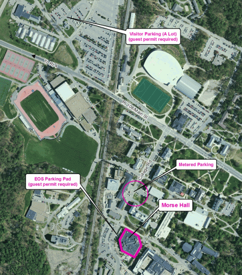Aerial map of UNH Durham campus with parking areas highlighted